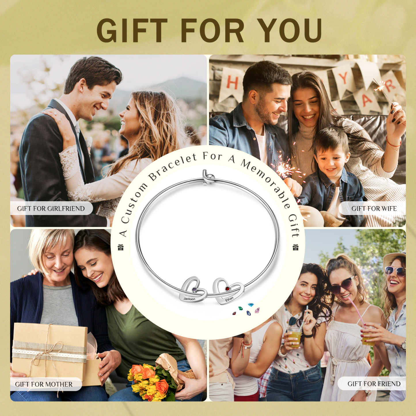 Personalisierte 2-6 Namen Halskette & Armband mit 2-6 Geburtssteinen & Box Geschenkbox Set für Mama
