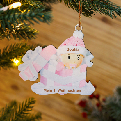 Holz Personalisierter 1 Name & Text Baby in Geschenkbox Weihnachtsornament Weihnachtsbaum Anhänger