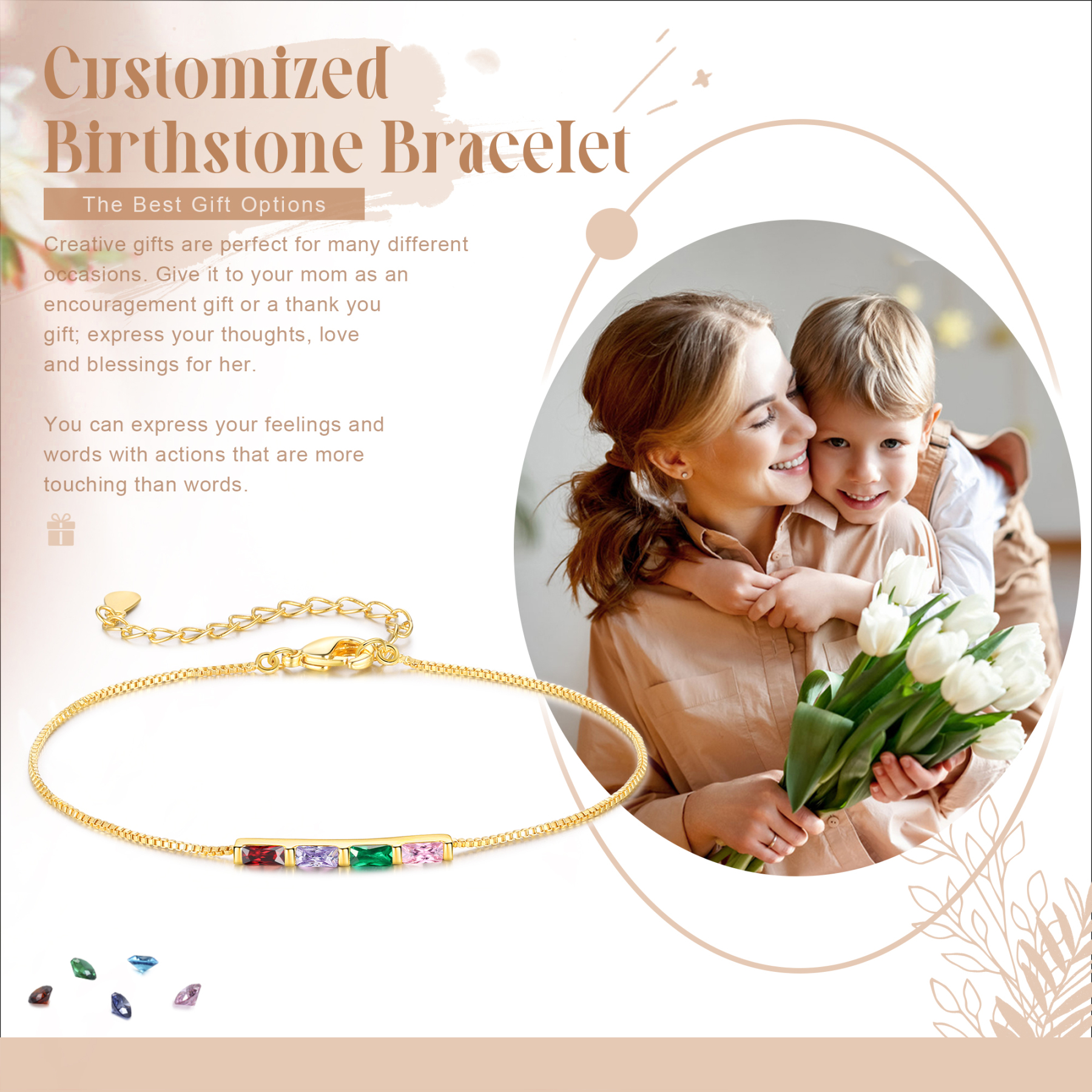 Personalisierte 4 Rechteck Geburtssteine Golden Feines Armband