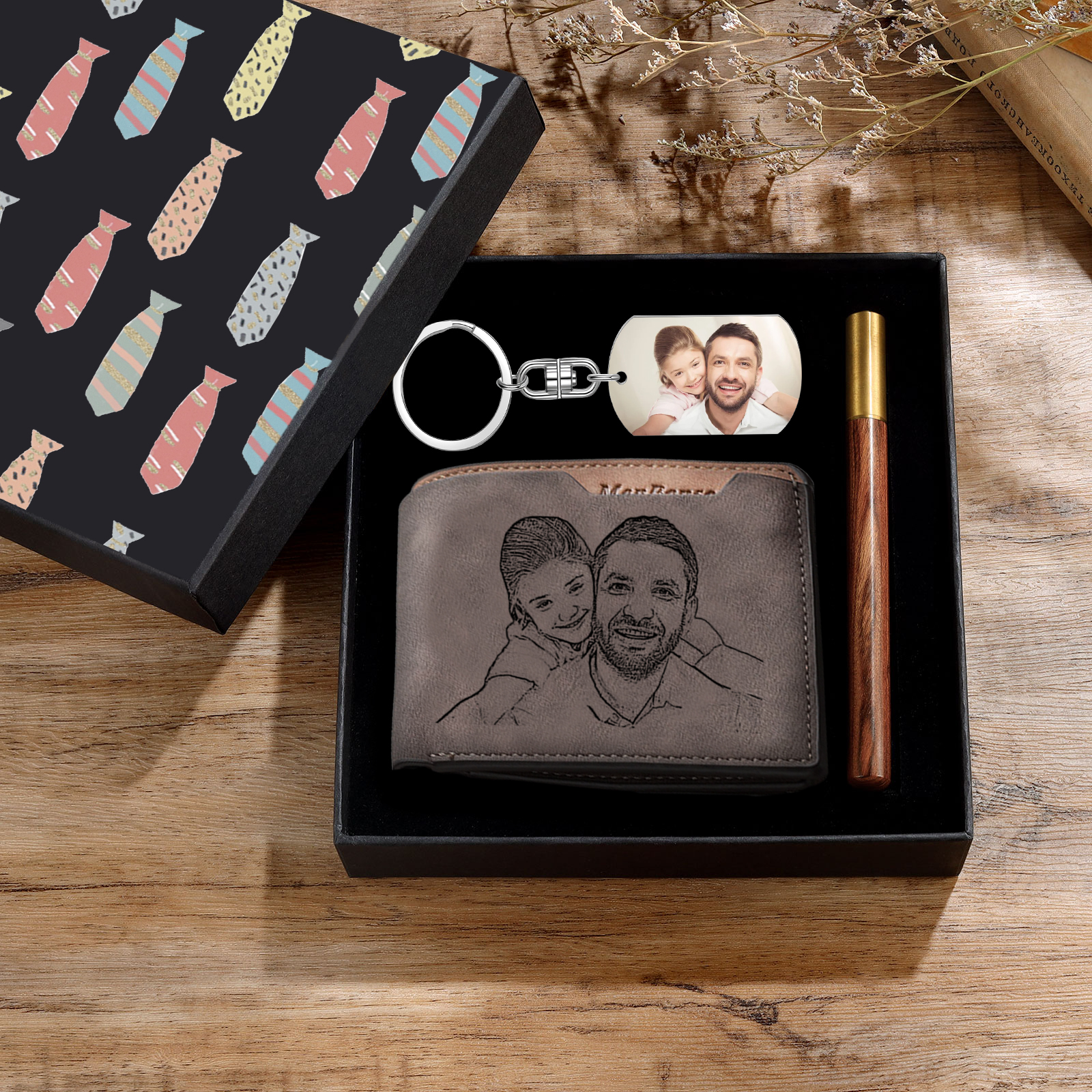 Personalisierte 1 Text & 2 Fotos & 1 Datum Geldbörse & Schlüsselanhänger & Stift Geschenkpackung Geschenkset