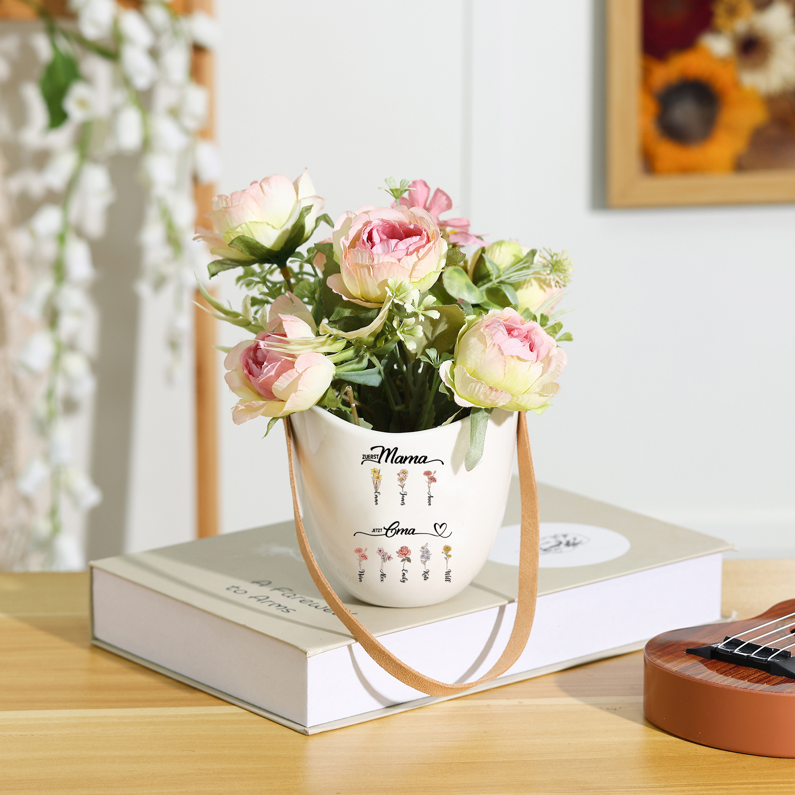Personalised Hanging Planter Leather Strap For Mum Nan