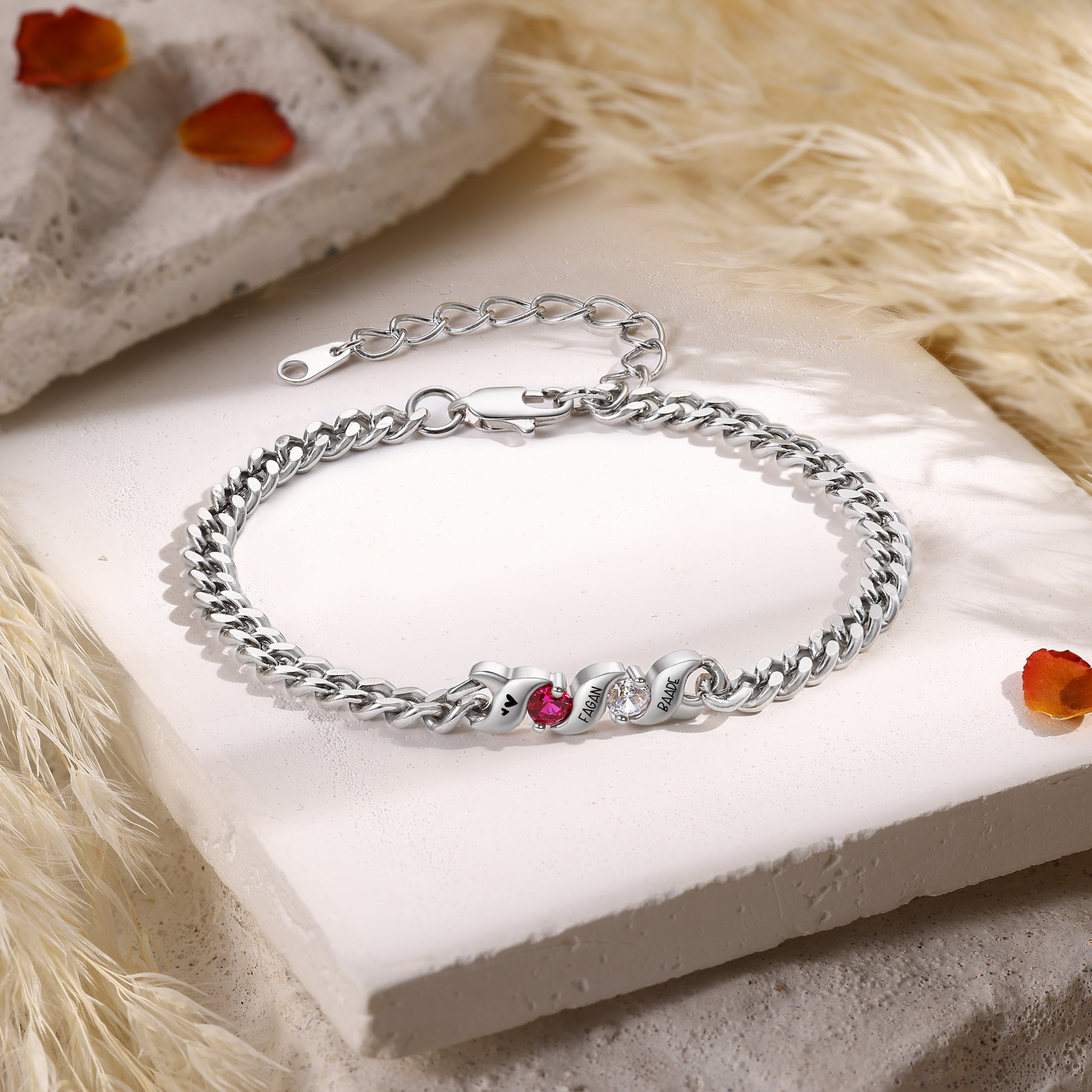 Personalisiertes Cuban Link Armband mit 1–5 Namen und Geburtssteinen