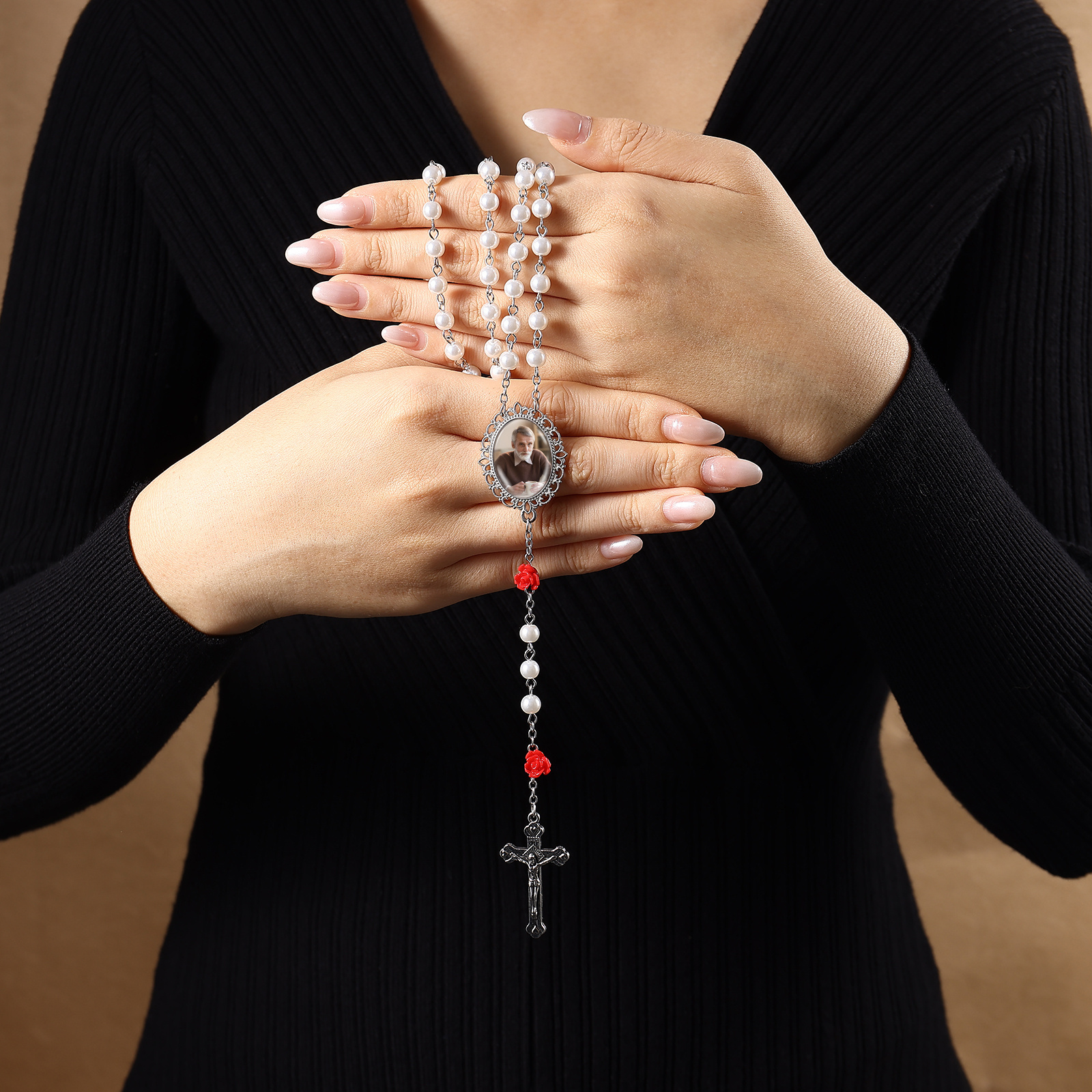 Personalisierter Rosenkranz mit Foto, Kreuz und Perlen religiöses Andenken