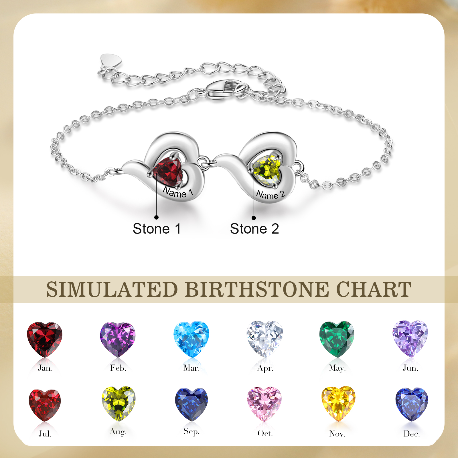 Personalisiertes Geburtsstein Armband mit Doppelherz als liebevolles Geschenkset mit Karte