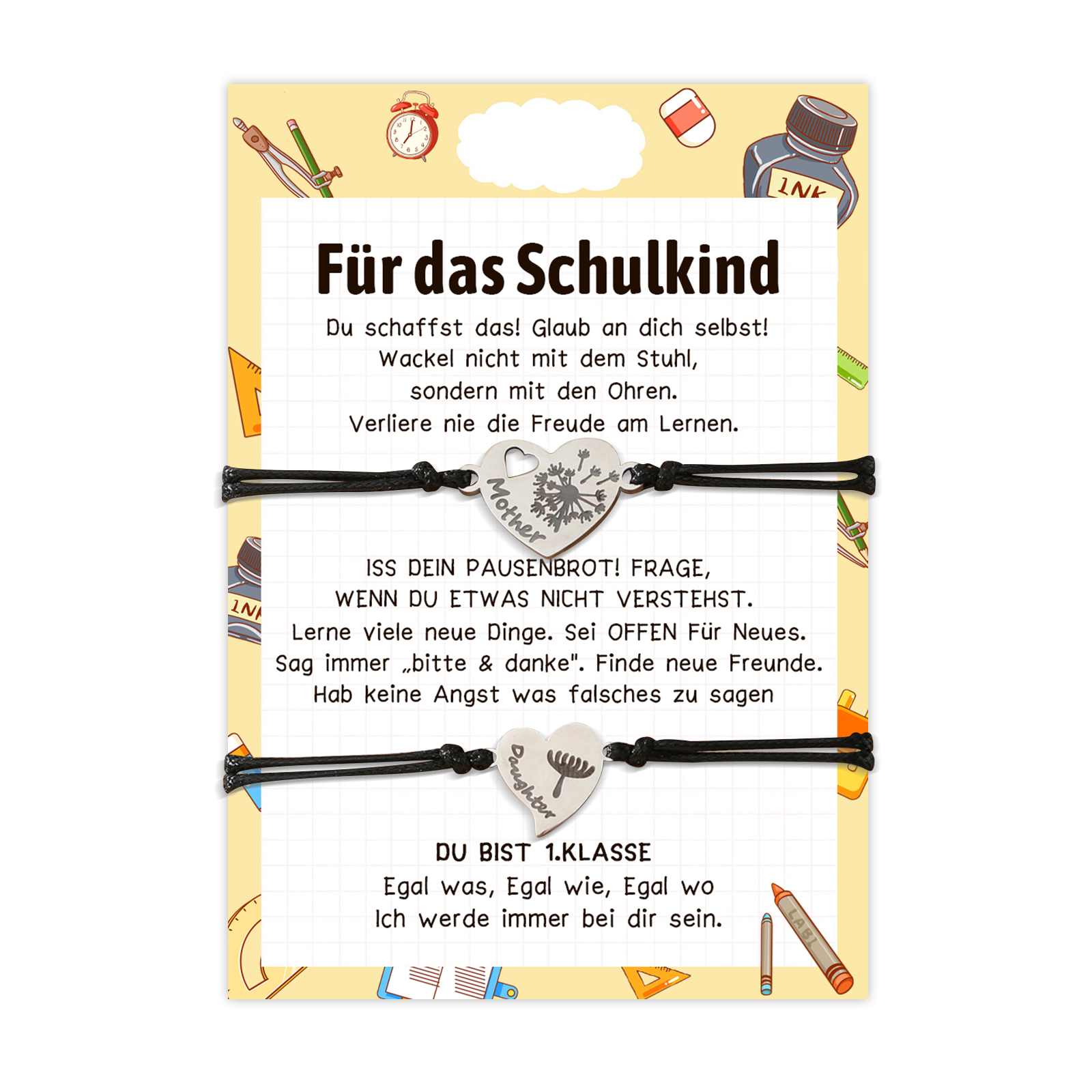 Personalisierte 2 Namen Löwenzahn Armbänder Set mit 2 Ketten Gummiband -Für das Schulkind- Schulanfang Geschenk