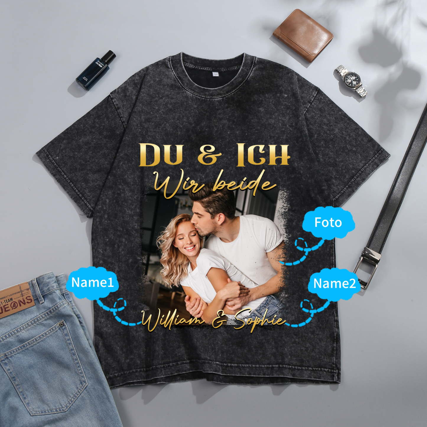 Personalisierte 2 Namen & Foto Liebespaar Schwarz Partner T-Shirts Zeige deine Liebe mit Stil