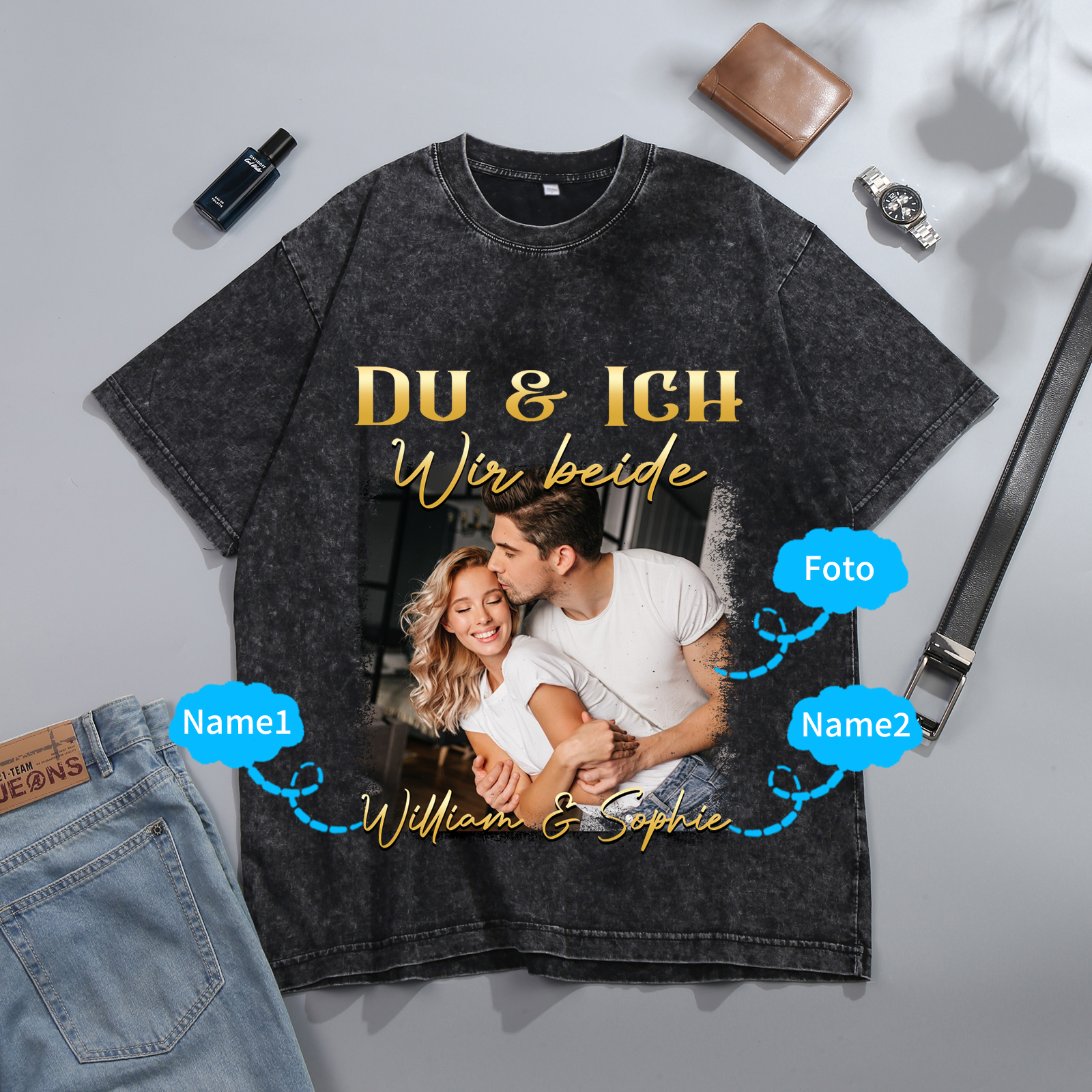 Personalisierte 2 Namen & Foto Liebespaar Schwarz Partner T-Shirts Zeige deine Liebe mit Stil