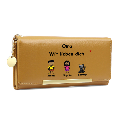 Personalisierte 1-6 Namen & Muster PU-Leder Portemonnaie -Oma wir lieben dich- Geldbörse für Oma Großmutter