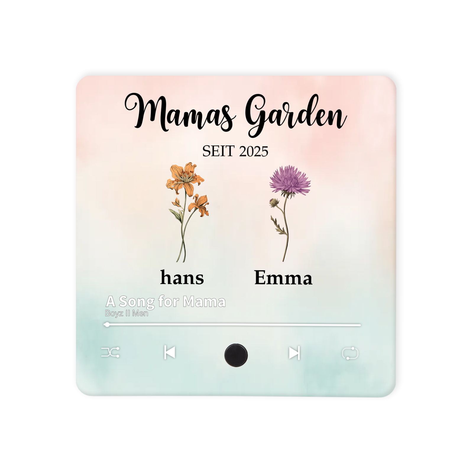 Personalisiertes Namen & Lied & Blumen farbige Acryl-Holz Kühlschrankmagnet mit Musikfunktion - Mamas Garten