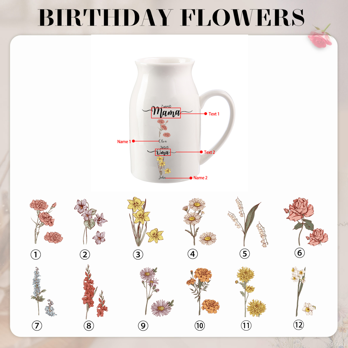 Personalisierte Vase mit Henkel, Geburtsblumen und 2–12 Namen „Zuerst Mama, jetzt Oma“ Geschenk für Mama oder Oma