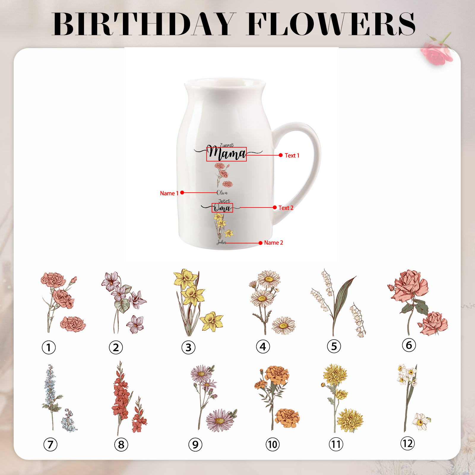 Personalisierte Vase mit Henkel, Geburtsblumen und 2–12 Namen „Zuerst Mama, jetzt Oma“ Geschenk für Mama oder Oma