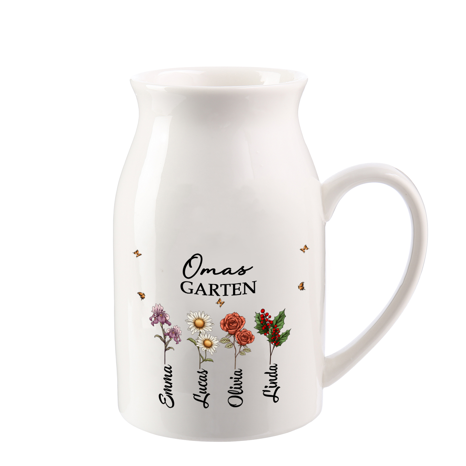 Personalisierte 2-8 Namen & Geburtsblumen- Gießvase mit Henkel Mama Vase-Pefektes Geschenk für Mama/Oma