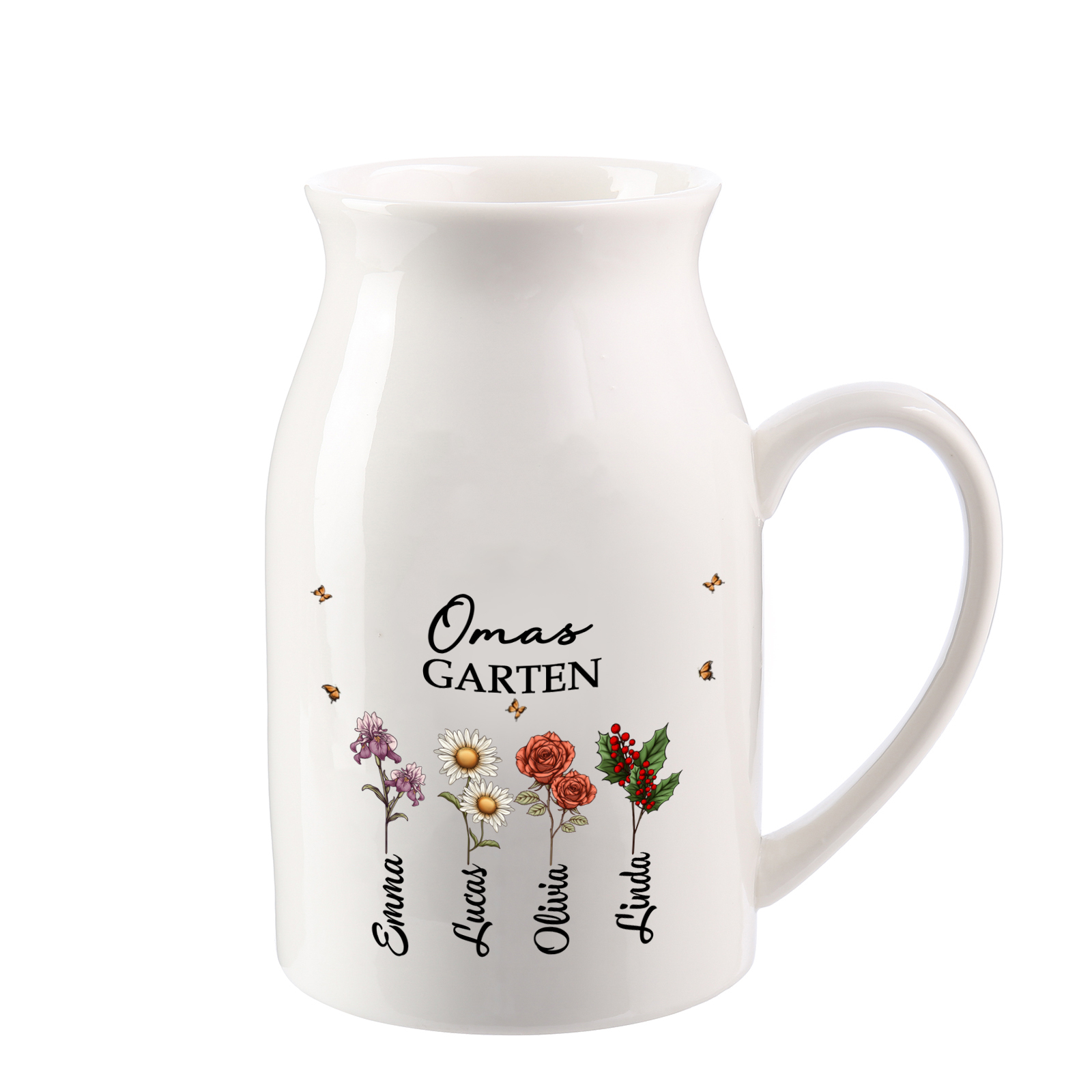 Personalisierte 2-8 Namen & Geburtsblumen- Gießvase mit Henkel Mama Vase-Pefektes Geschenk für Mama/Oma