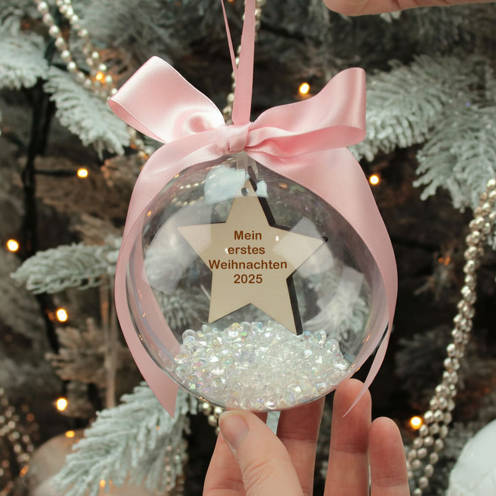 Personalisierte Weihnachtskugel mit Gravur Christbaumanhänger mit Stern-Motiv und Satinschleife