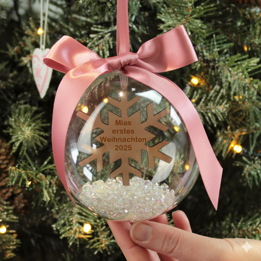 Personalisierte Weihnachtskugel mit Gravur – Schneeflocken-Motiv und Satinschleife als festlicher Christbaumanhänger