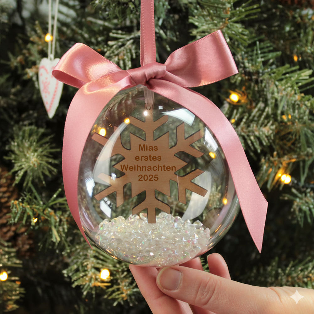 Personalisierte Weihnachtskugel mit Gravur – Schneeflocken-Motiv und Satinschleife als festlicher Christbaumanhänger
