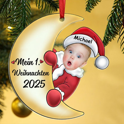 Acryl Weihnachtsornament - Personalisierter 1 Name & Foto & Jahr Baby auf dem Mond – Erster Weihnachten 2024 – Weihnachtsanhänger
