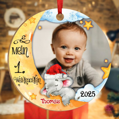 Holz Weihnachtsornament-Personalisierter 1 Name & Foto Halbmond Rund Baby Ornament- Mein 1. Weihnachten