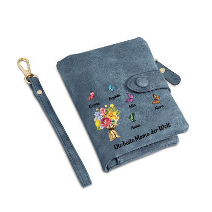 Damen Personalisierte 1-6 Namen & Text Blumen & Schmetterling PU Leder Geldbörse für Mama
