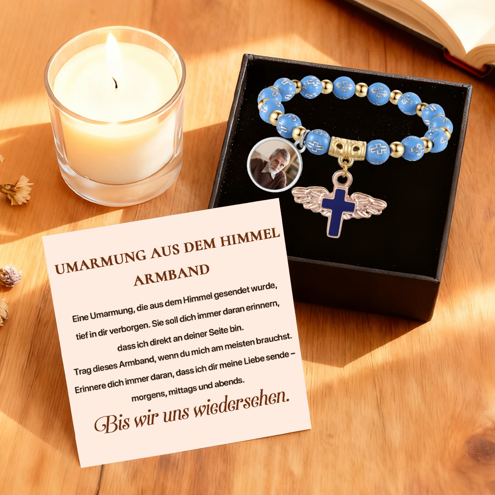 Personalisiertes Foto-Gedenkarmband mit Perlen, Engelsflügel und Rosenkranzkreuz Geschenkkarte Set