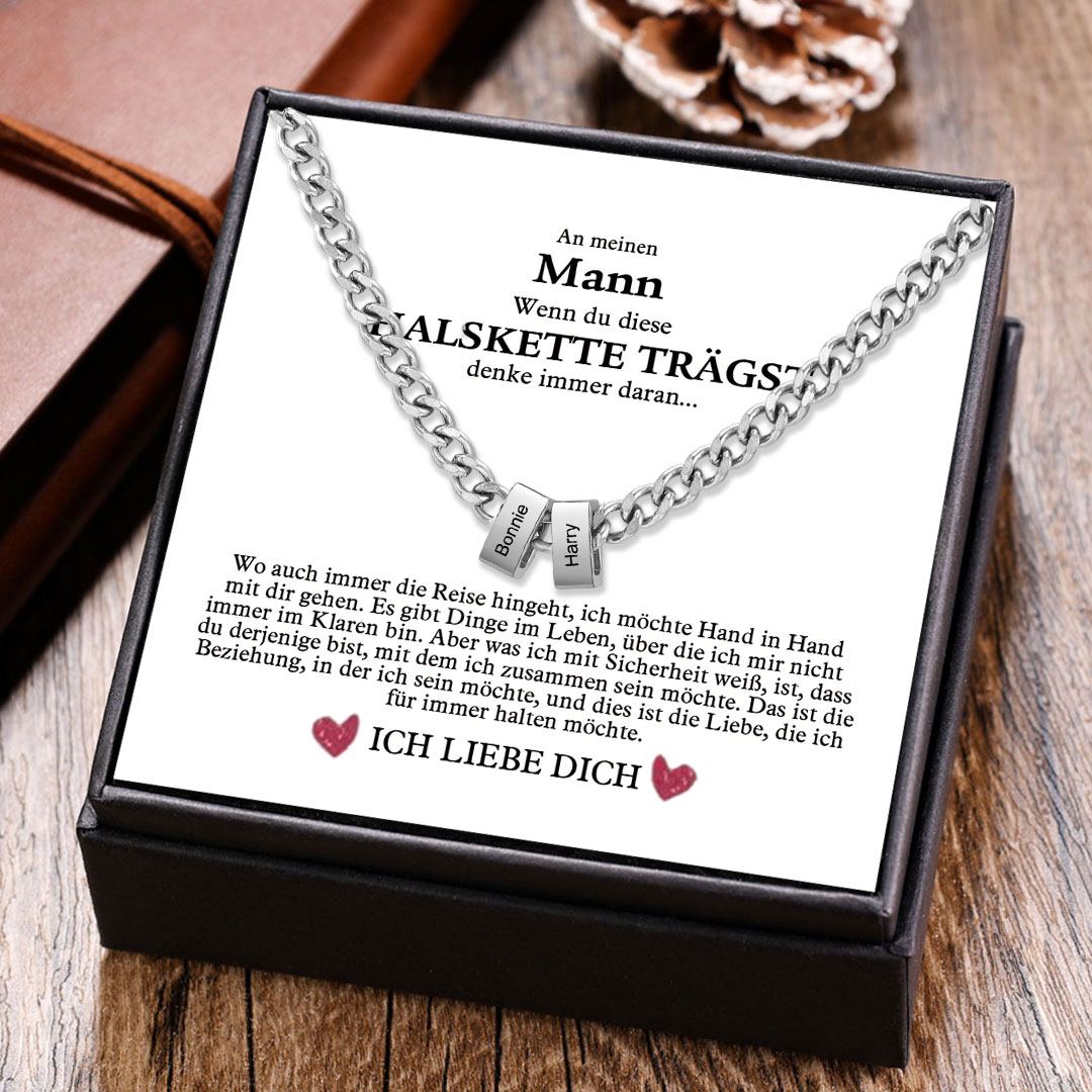 Herren-Halskette mit Namensperlen personalisiert – Geschenk für meinen Mann Valentinstag inklusive Kartenset