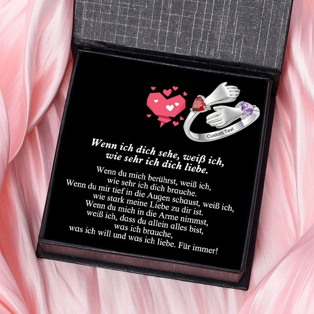 Personalisierter Umarmungshände-Ring, offener Ring mit 2 Wunschgeburtssteinen für sie