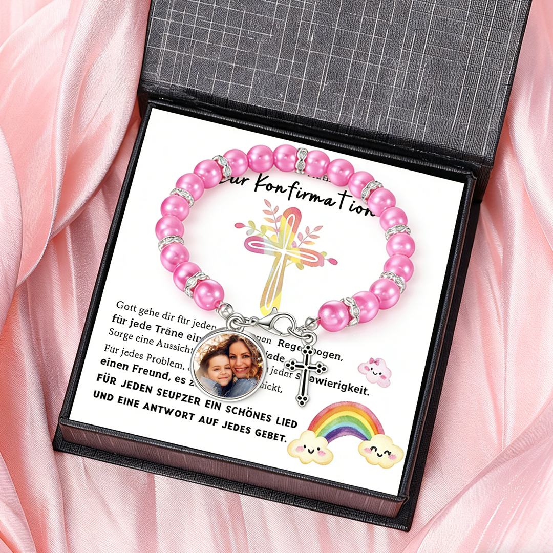 Personalisierbares Foto‑Perlenarmband mit Kreuz – Geschenk zur Konfirmation für Mädchen inkl. Segenskarte & Box