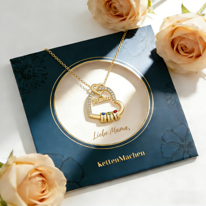 Personalisierte 1 Titel & 1-5 Namen Herz Halskette mit 1-5 Geburtssteinen für Mama/Mutter/Oma-Geschenk Box Set