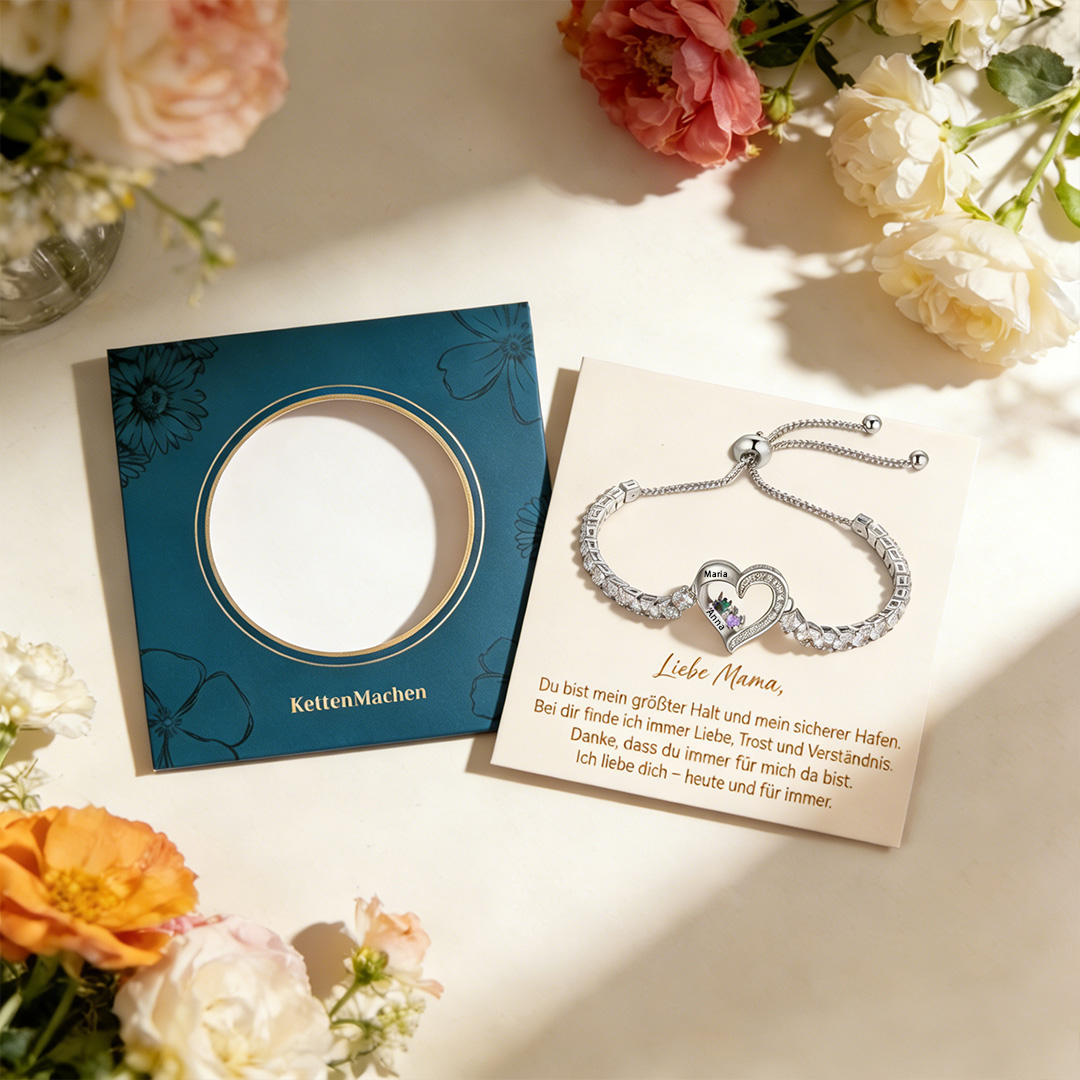 Personalisierbares Tennisarmband mit 2-4 Namen, Herz und Geburtssteinen