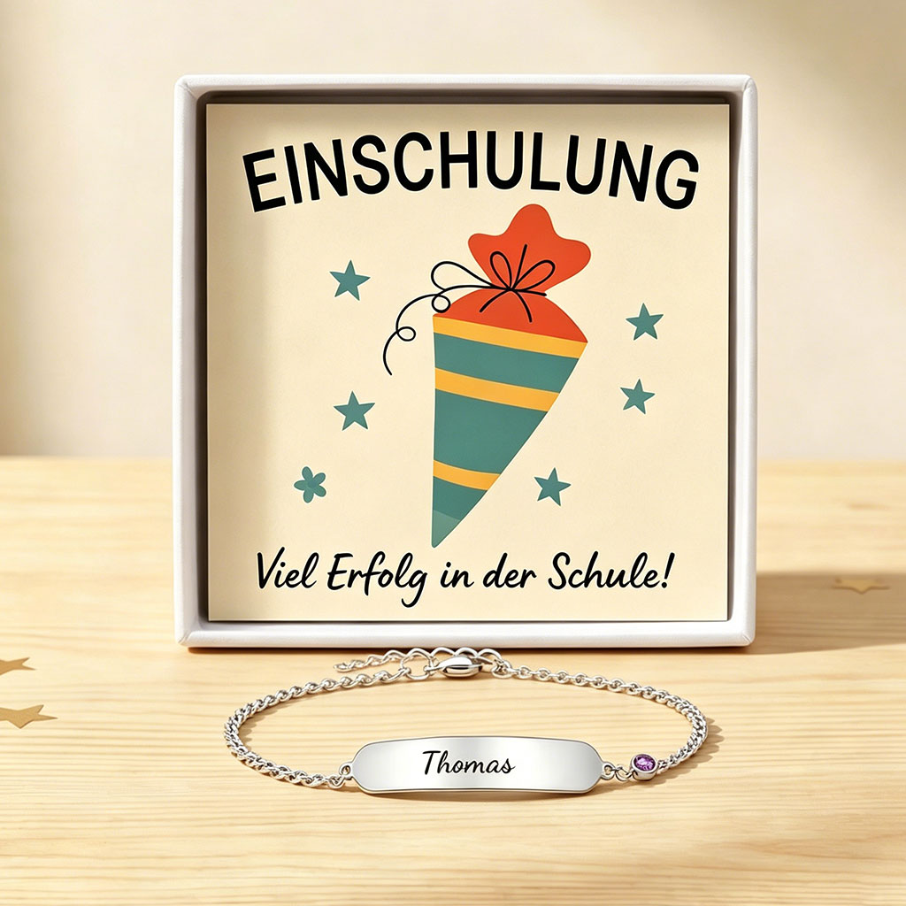 Einschulung Kinder-ID-Armband mit Namensgravur und Geburtsstein Edelstahl Geschenkbox