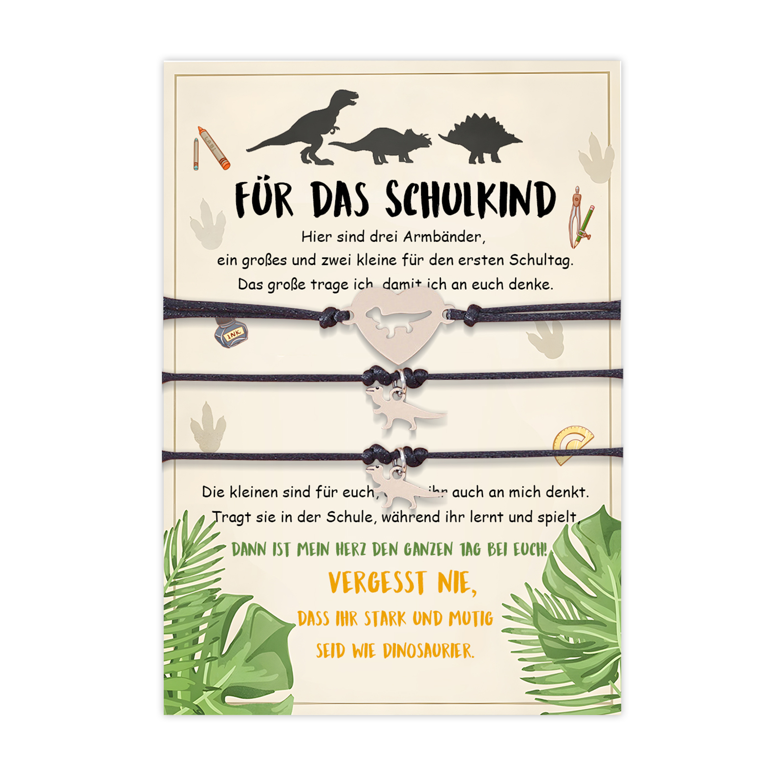 Dinos Armbänder Set mit 3 Ketten Für das Schulkind Vergesst nie, dass ihr stark und mutig seid wie Dinosaurier Schulanfang Geschenk mit Nachrichtenkarte