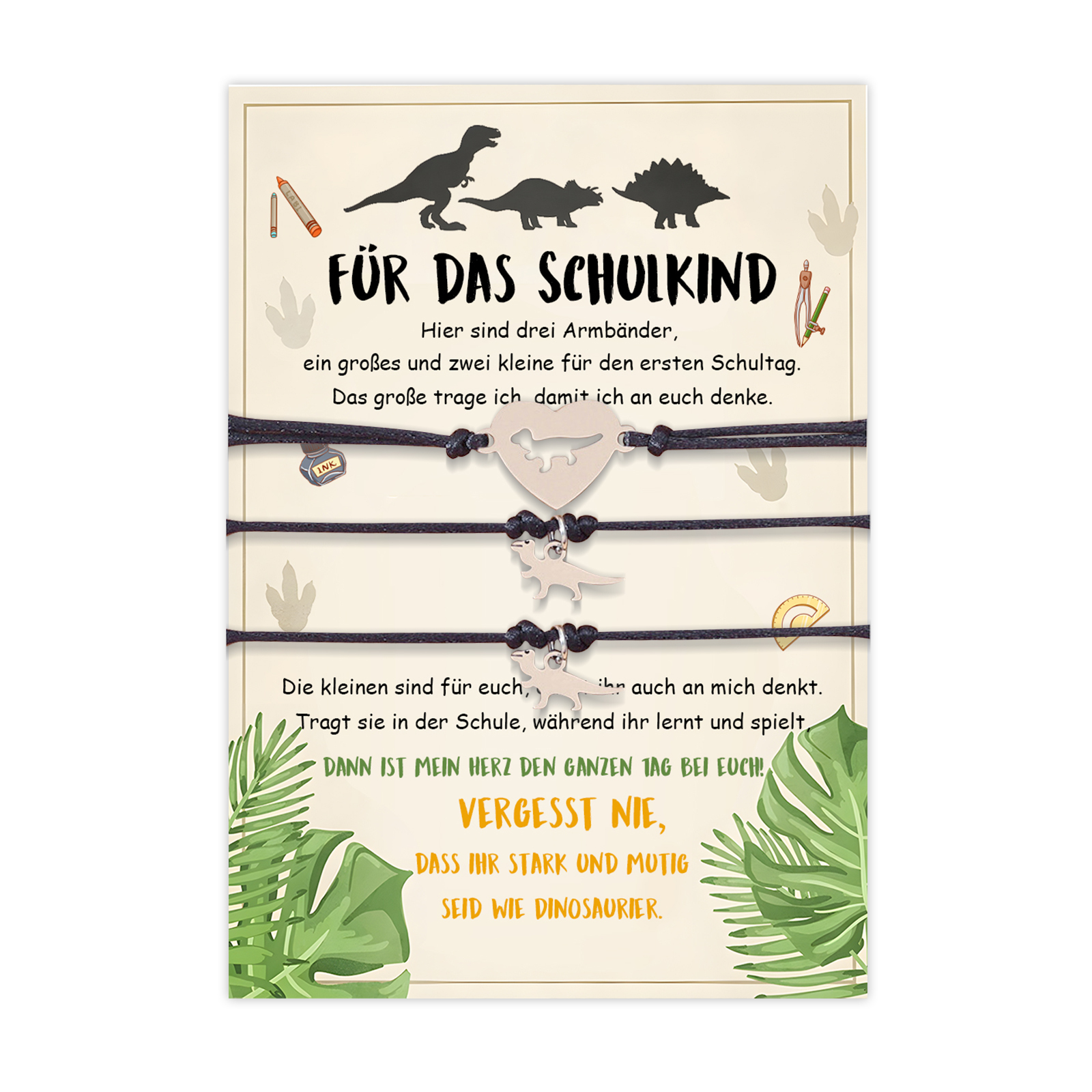 Dinos Armbänder Set mit 3 Ketten Für das Schulkind Vergesst nie, dass ihr stark und mutig seid wie Dinosaurier Schulanfang Geschenk mit Nachrichtenkarte