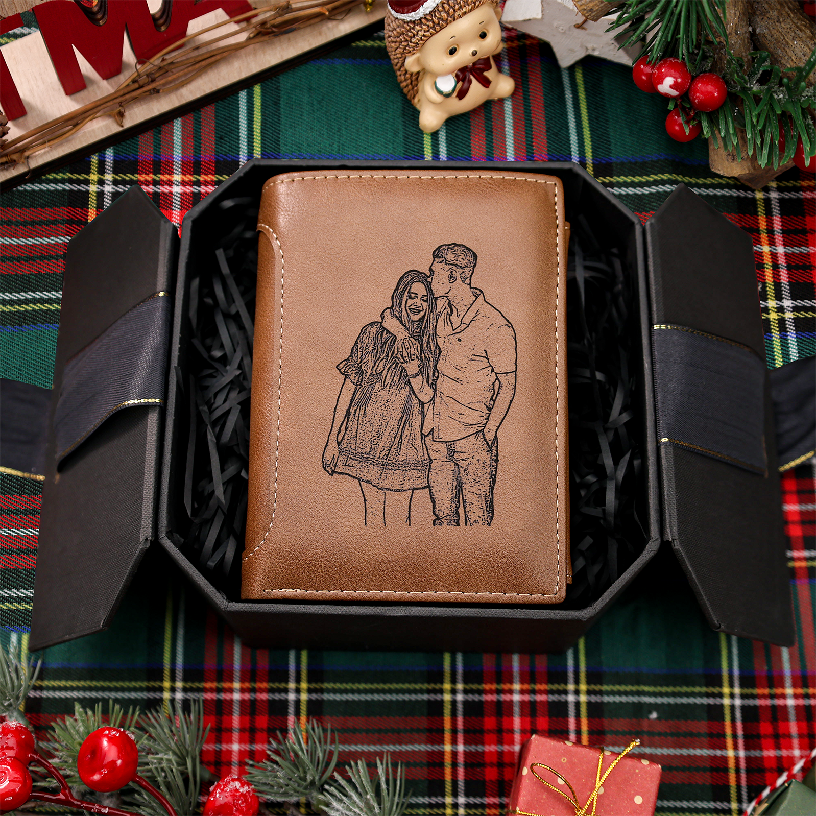 Benutzerdefinierte Inschrift Foto & Text Brieftasche Leder Geldbörse für Männer Große Kapazität Weihnachtsgeschenk