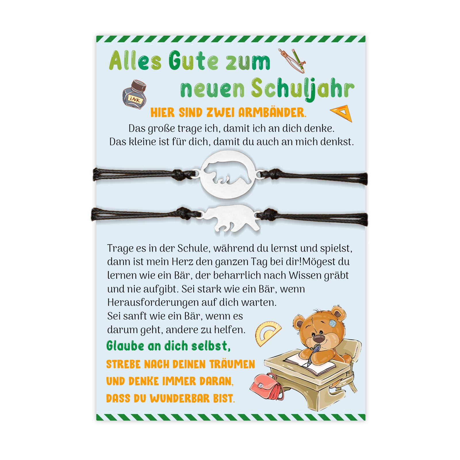 Bär Armbänder Set mit 2 Ketten Alles Gute yum neuen Schuljahr Glaube an dich slbst, strebe nach deinen Träumen Geschenk mit Nachrichtenkarte