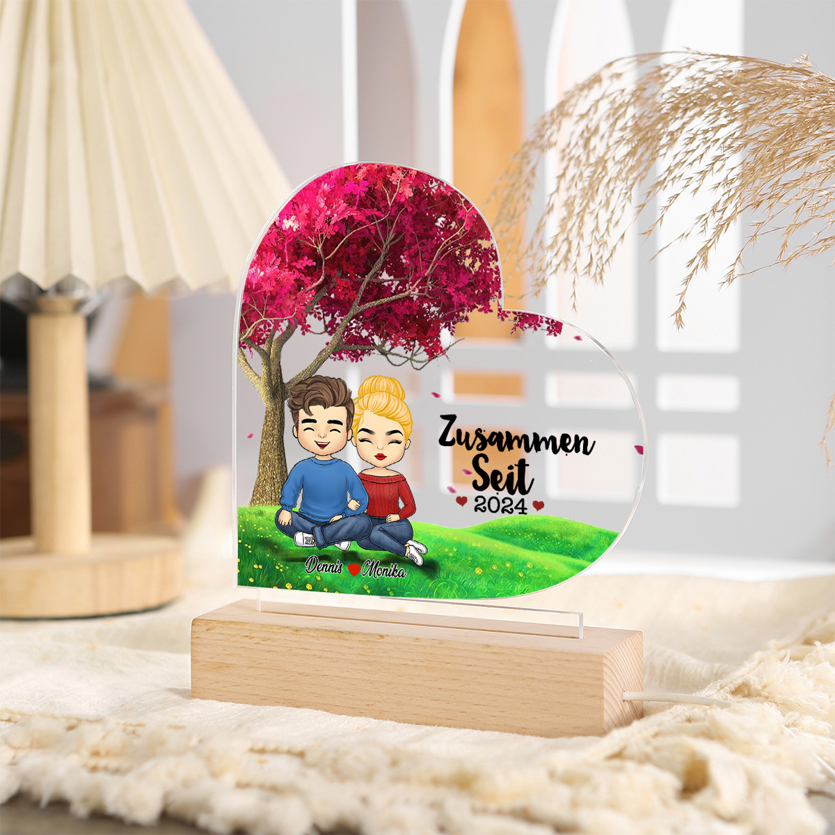 Personalisierte 2 Namen & 1 Text LED Nachtlicht – Herzform Acryl Nachtlampe mit Holzsockel für Familie
