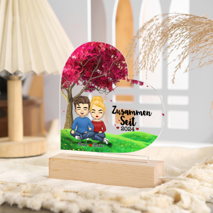 Personalisierte 2 Namen & 1 Text LED Nachtlicht – Herzform Acryl Nachtlampe mit Holzsockel für Familie