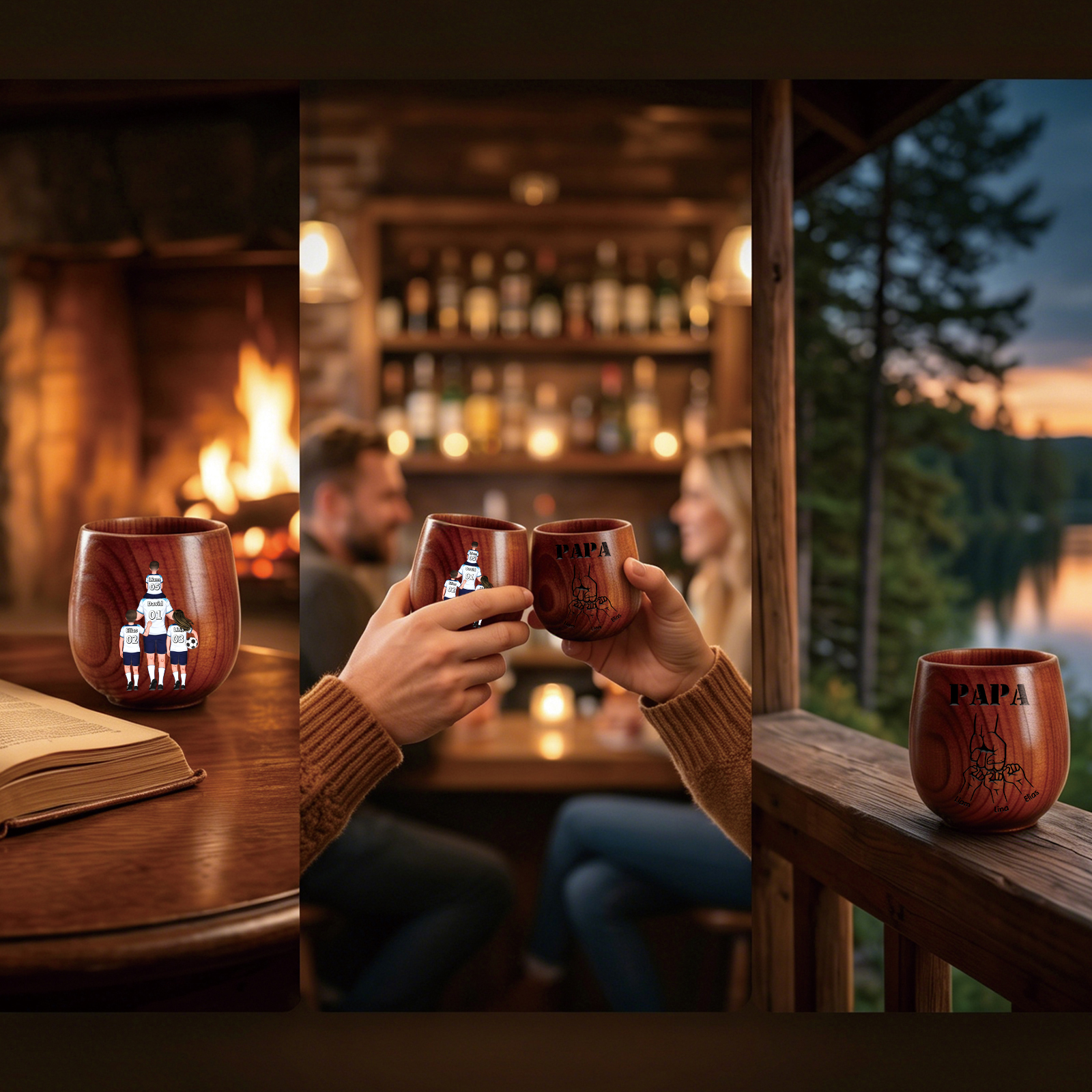 Personalisierter Whiskybecher aus Holz mit 1–5 Kindernamen und Fußball-Familienmotiv
