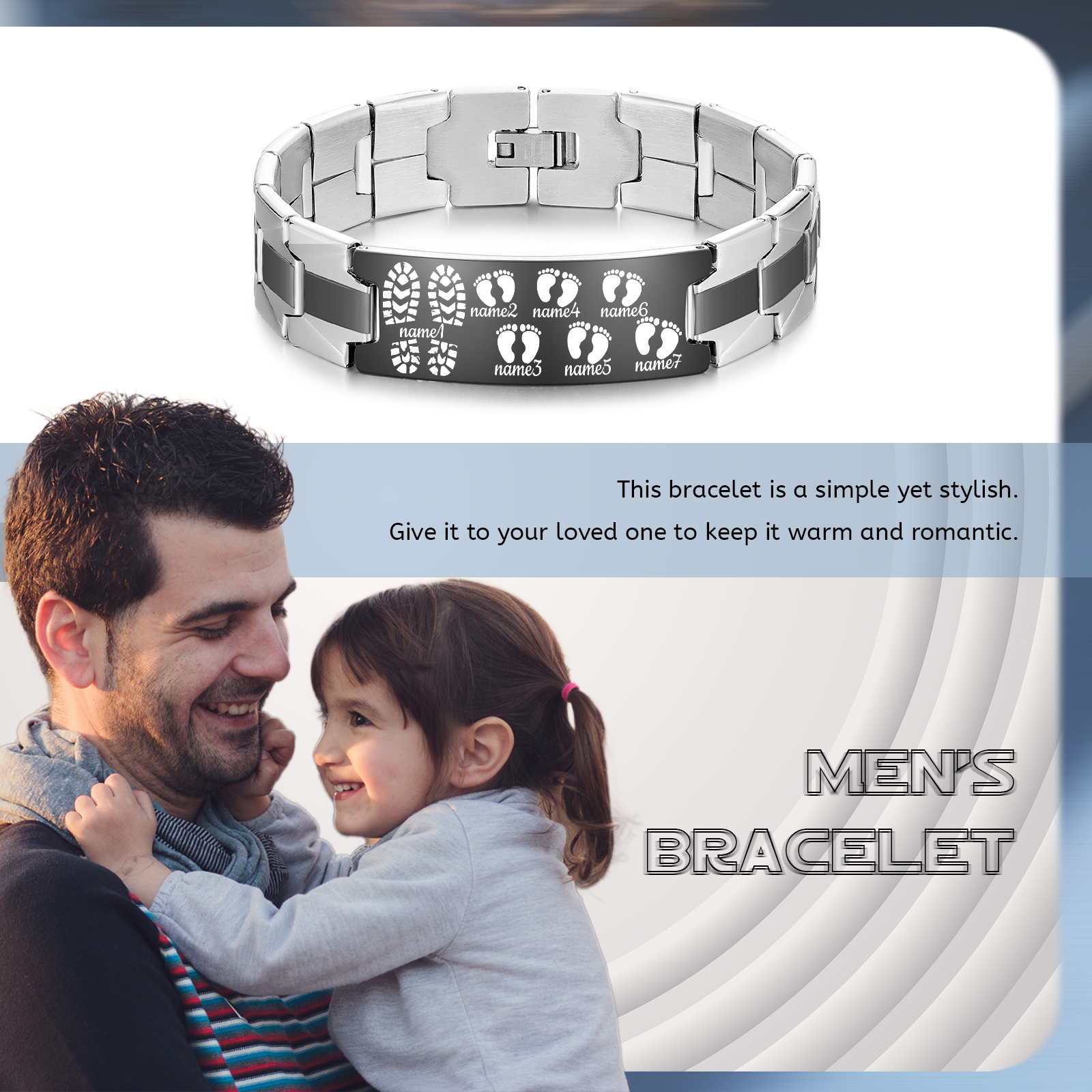 Herren Armband-Personalisierte 7 Namen Edelstahl Füße Armband-Geschenk für Vater