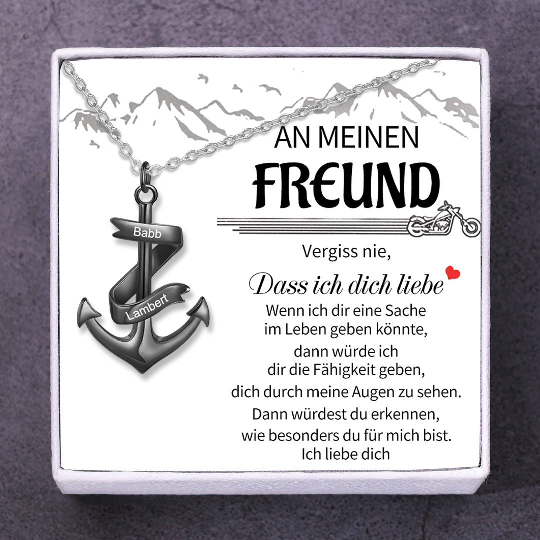 925 Sterling Silber Personalisierte 2 Namen Schwarz Anker Halskette-Geschenk mit Weiß Nachrichtenkarte
