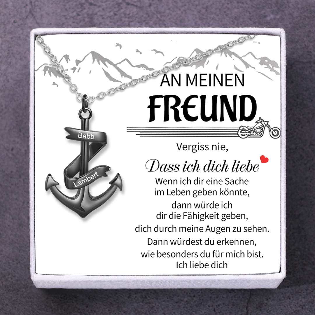 925 Sterling Silber Personalisierte 2 Namen Schwarz Anker Halskette-Geschenk mit Weiß Nachrichtenkarte