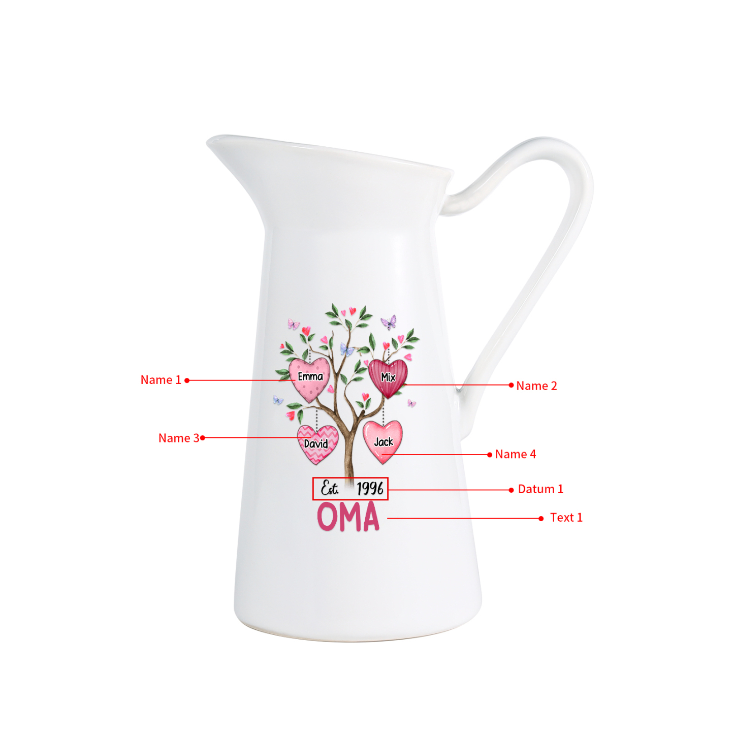 Personalisierte 4 Namen & Datum & Text Herz Familienbaum Gießvase mit Henkel Familie Vase