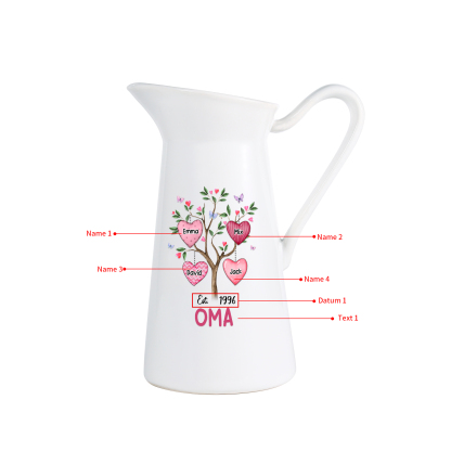 Personalisierte 4 Namen & Datum & Text Herz Familienbaum Gießvase mit Henkel Familie Vase