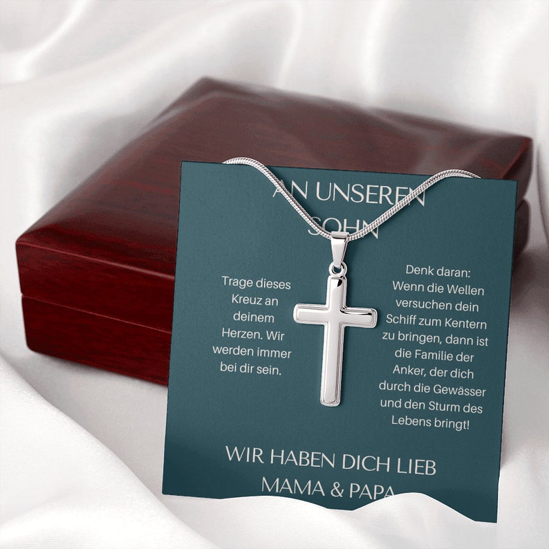 925 Sterling Silber An Unseren Sohn von Mama & Papa  Kommunion Kreuz Halskette - Geschenk mit Nachrichtenkarte