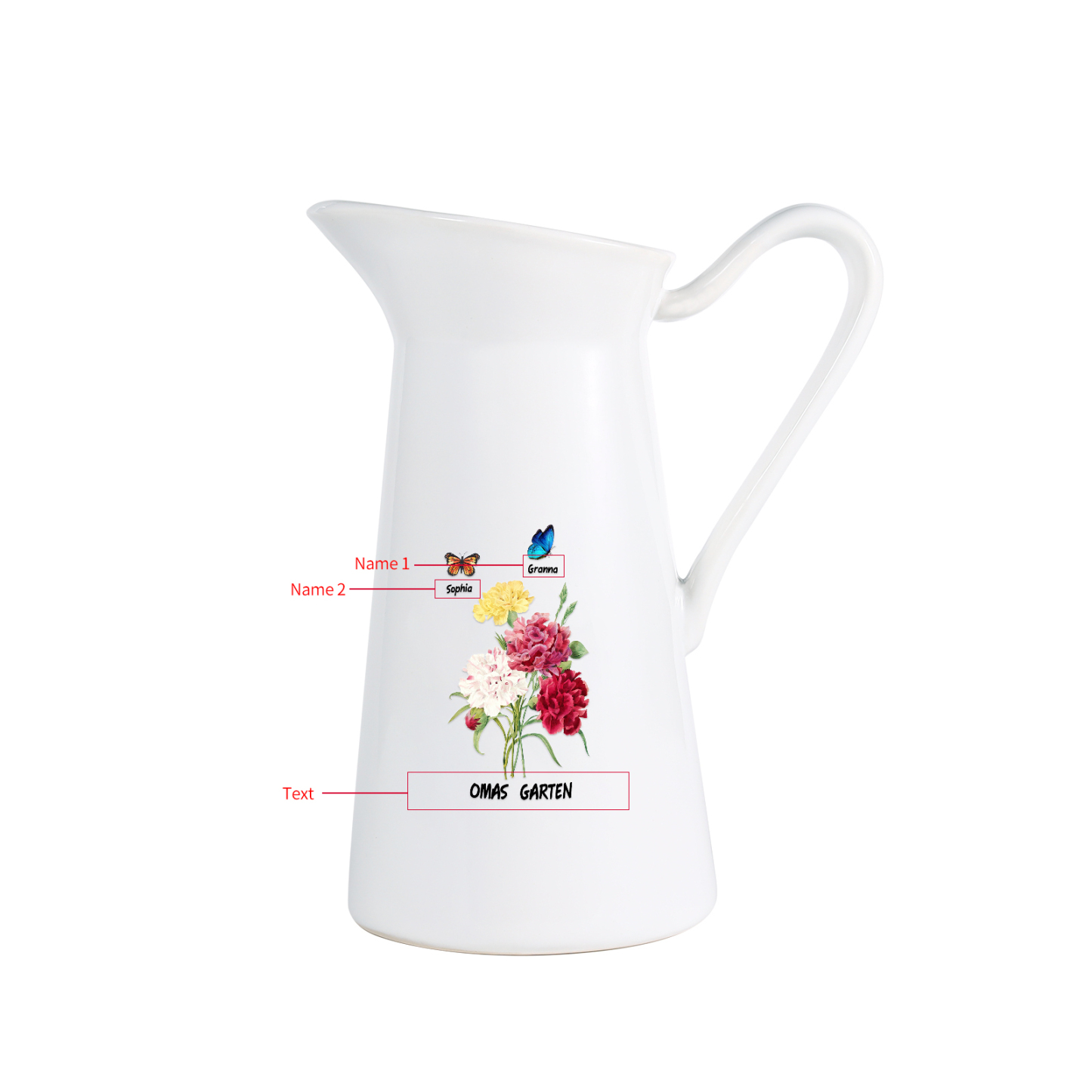 Personalisierte 2 Namen & Text Blumen & Schmetterling Gießvase mit Henkel Familie Vase