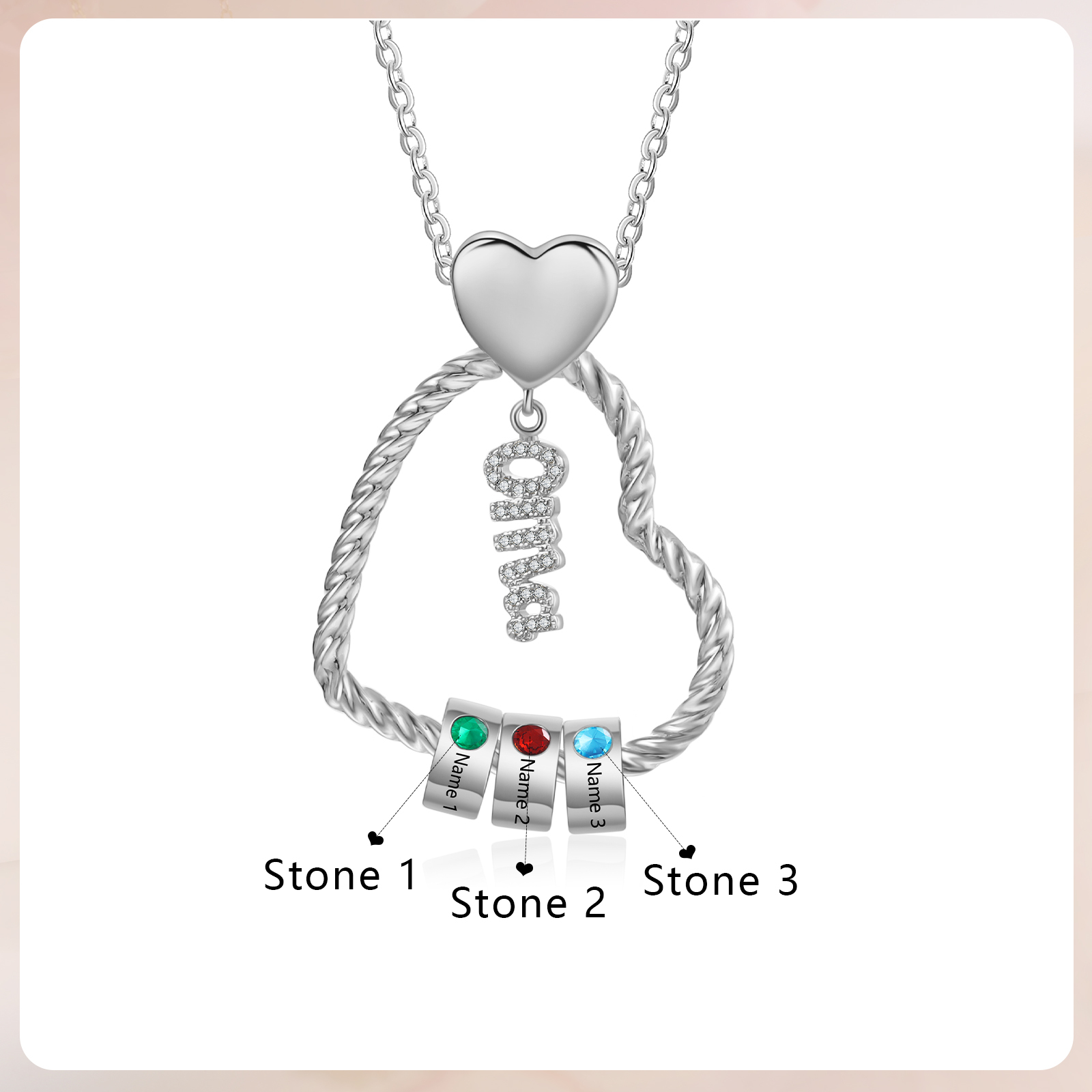 Personalisierte 3 Namen Herz Halskette mit 3 Geburtssteinen - Du machst meine Well bunter. Oma Schön, dass es Dich gibt - Geschenk mit Nachrichtenkarte