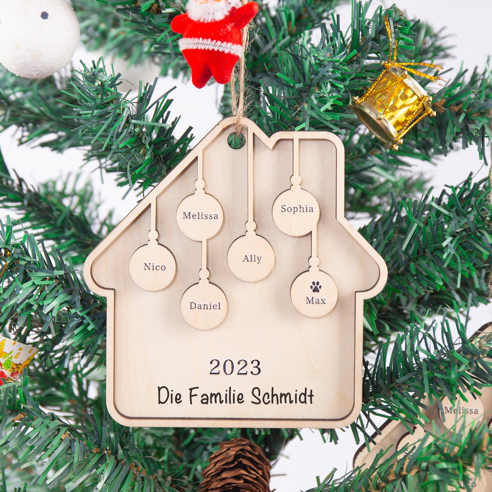 Holz Weihnachtsornament-Personalisiertes 6 Namen Text Jahr Haus Ornament Anhänger 