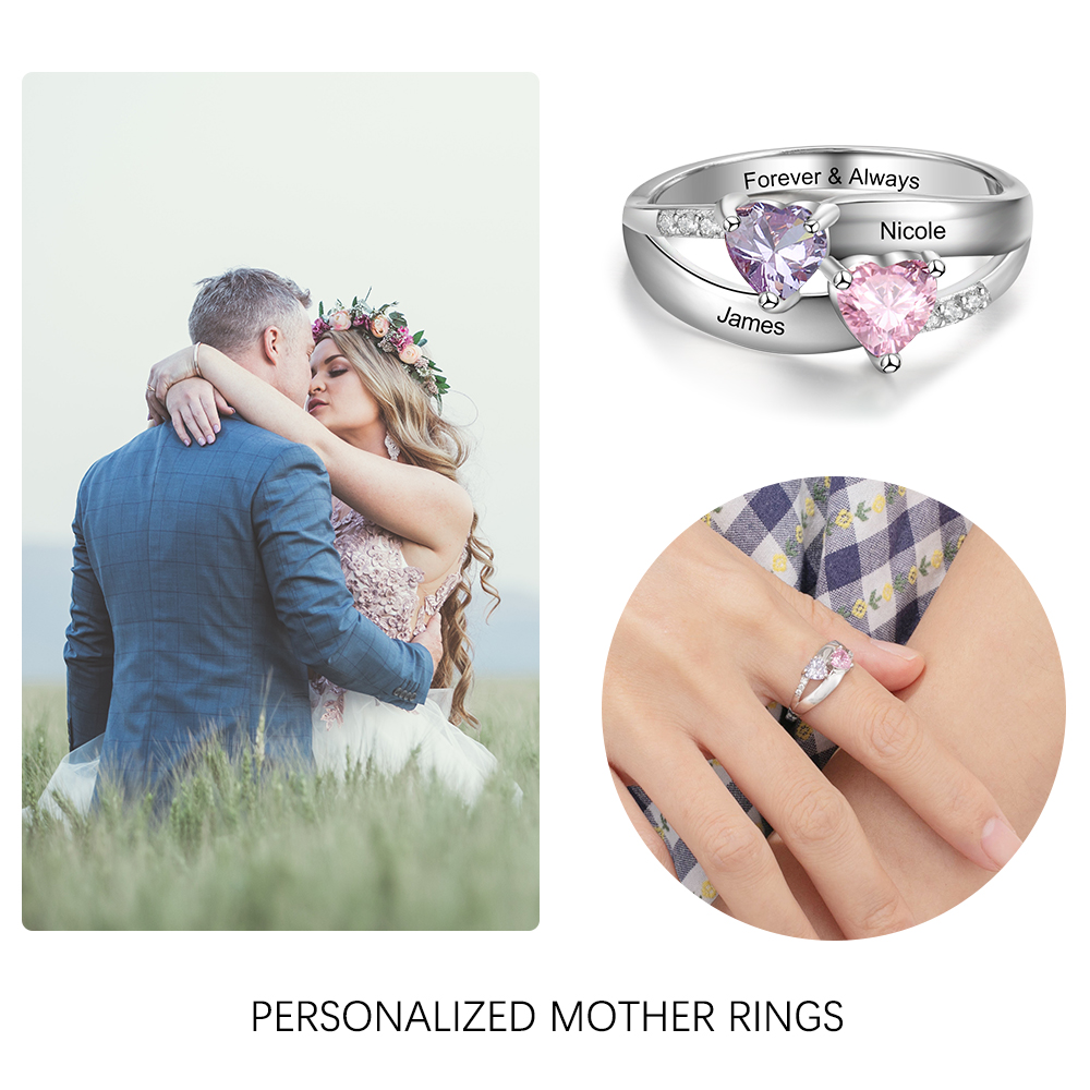 925 Sterling Silber Ring mit 2 Namen und 2 Geburtssteinen mit Gravuren