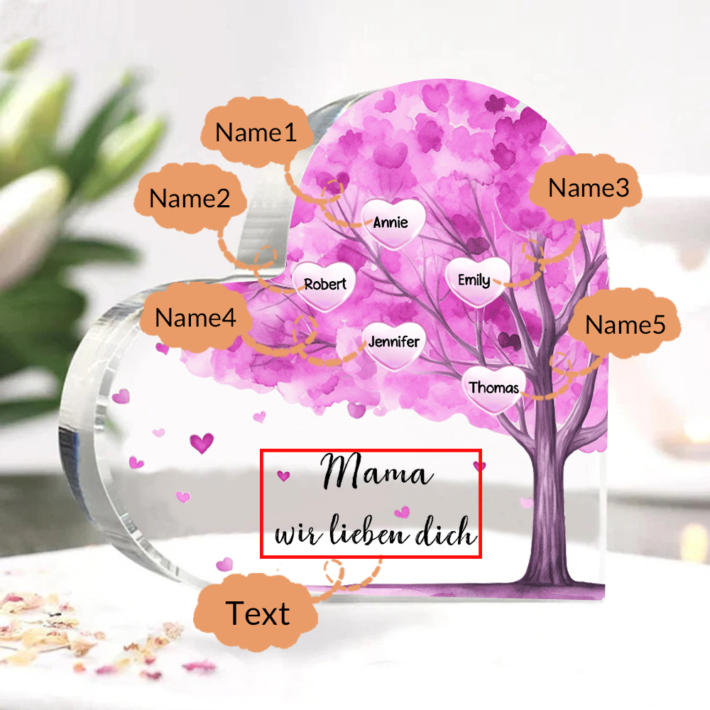 Personalisierte 5 Namen & Text Lila Familienbaum Familie Acryl-Deko Schreibtischdekoration für Mutter