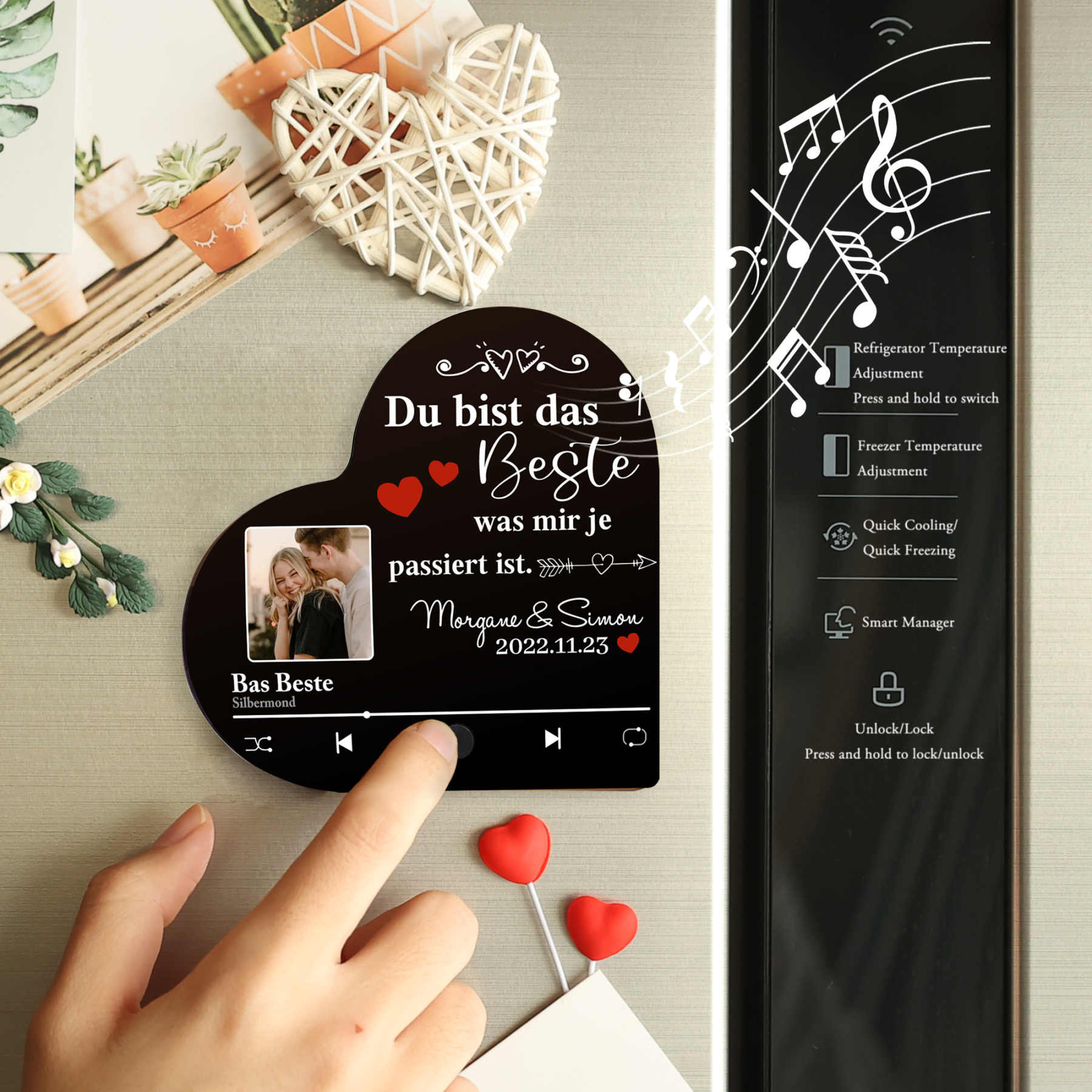 Herz Personalisiertes Lied & Foto & Text & Datum Kühlschrankmagnet mit Musikfunktion Du bist das Beste was mir je passiert ist Geschenk für Paare