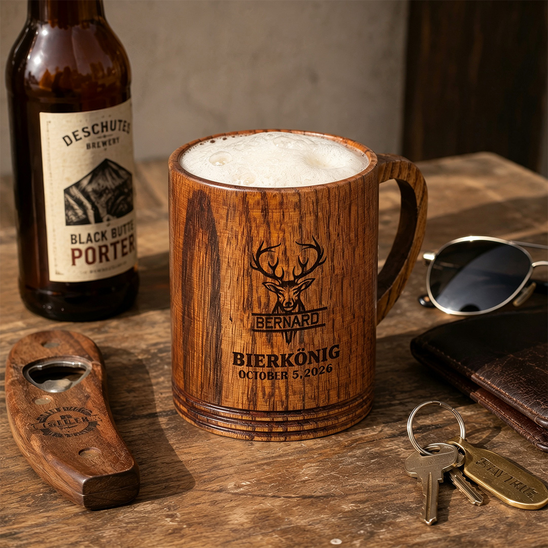 Personalisierter Bierkrug aus Holz mit Namen und Initialen Geschenk für Papa Bierliebhaber und Grillmeister